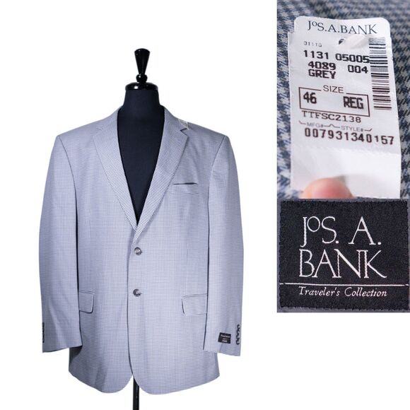 Jos. A. Bank Mens Blazer Blue Gray Check Plaid 100% Wool Jacket Sport Coat 46R - Picture 1 of 13